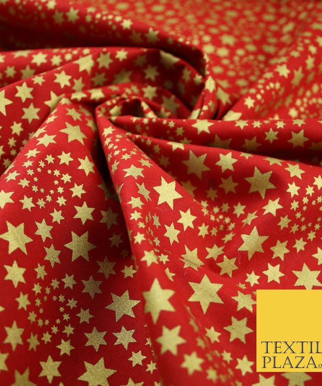 RED / GOLD Metallic Stars Festive Printed 100% Cotton Fabric Dress Craft 8239