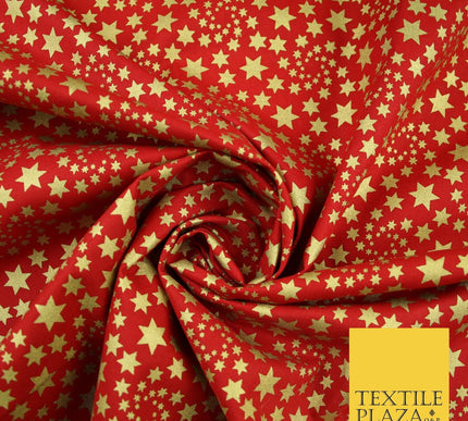 RED / GOLD Metallic Stars Festive Printed 100% Cotton Fabric Dress Craft 8239