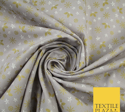 Grey Gold Metallic Snowflake Star Holly Festive Printed 100% Cotton Fabric 8240