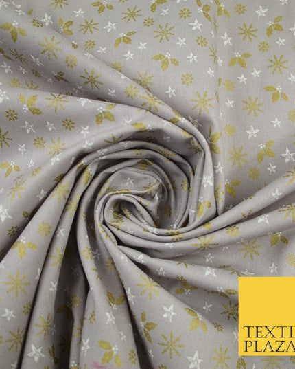 Grey Gold Metallic Snowflake Star Holly Festive Printed 100% Cotton Fabric 8240