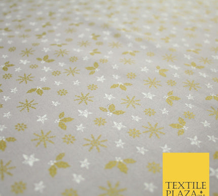 Grey Gold Metallic Snowflake Star Holly Festive Printed 100% Cotton Fabric 8240