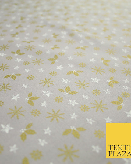 Grey Gold Metallic Snowflake Star Holly Festive Printed 100% Cotton Fabric 8240