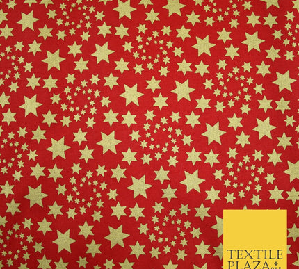 RED / GOLD Metallic Stars Festive Printed 100% Cotton Fabric Dress Craft 8239