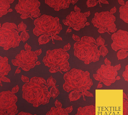 Black Red Floral Roses Falling Bloom Textured Brocade Jacquard Fabric 8533