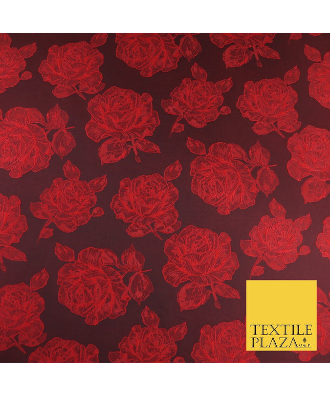 Black Red Floral Roses Falling Bloom Textured Brocade Jacquard Fabric 8533