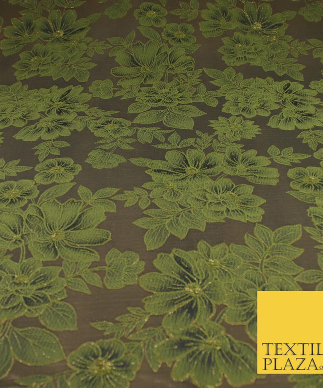 Green Metallic Floral Cluster Textured Brocade Fabric 8536