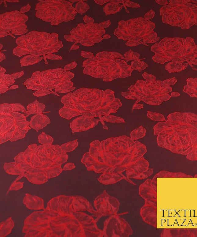 Black Red Floral Roses Falling Bloom Textured Brocade Jacquard Fabric 8533