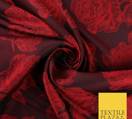 Black Red Floral Roses Falling Bloom Textured Brocade Jacquard Fabric 8533