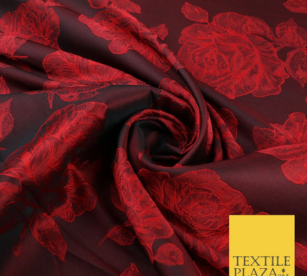 Black Red Floral Roses Falling Bloom Textured Brocade Jacquard Fabric 8533