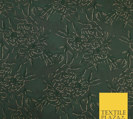 Forest Green Metallic Floral Roses Bloom Textured Brocade Jacquard Fabric 8527