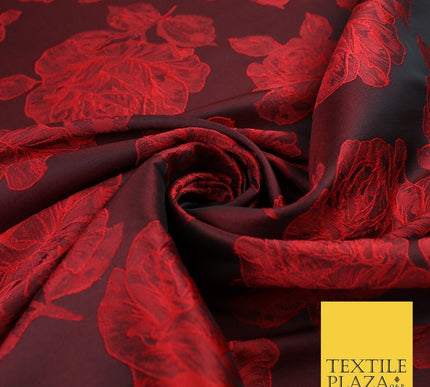Black Red Floral Roses Falling Bloom Textured Brocade Jacquard Fabric 8533