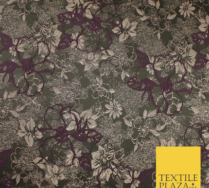 Black Plum Outline Floral Bloom Textured Brocade Jacquard Fabric 8529