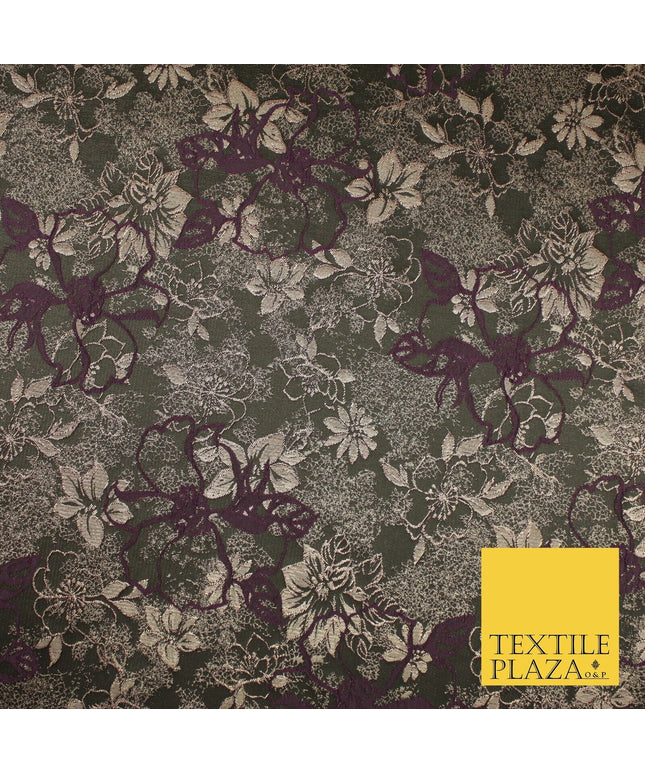 Black Plum Outline Floral Bloom Textured Brocade Jacquard Fabric 8529