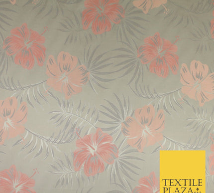 Grey Peach Coral Tropical Floral Bloom Textured Brocade Jacquard Fabric 8531
