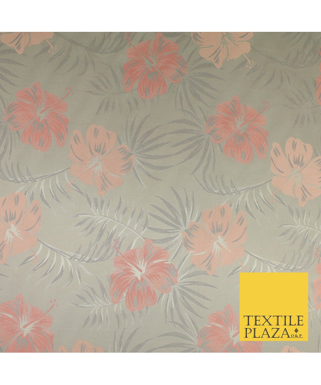 Grey Peach Coral Tropical Floral Bloom Textured Brocade Jacquard Fabric 8531
