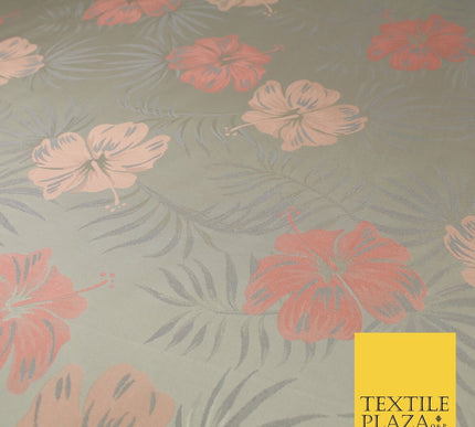 Grey Peach Coral Tropical Floral Bloom Textured Brocade Jacquard Fabric 8531