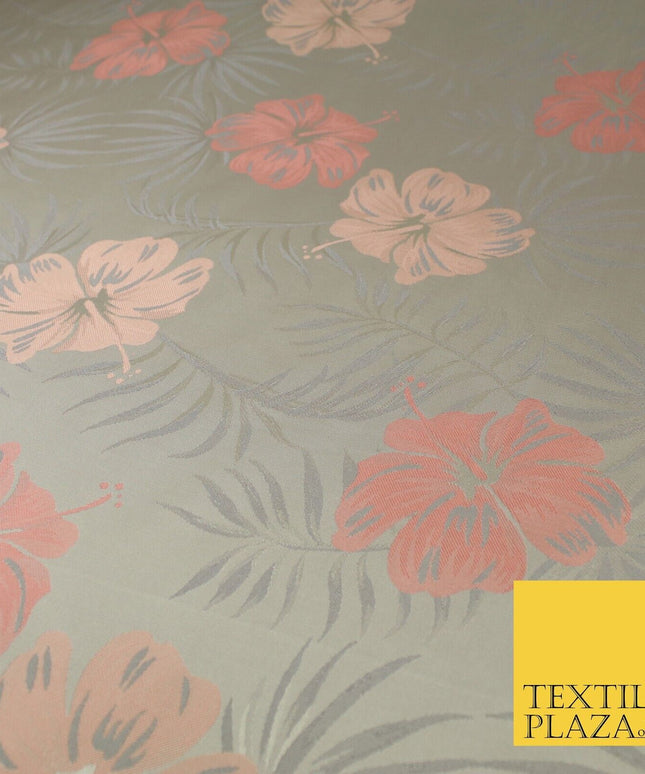 Grey Peach Coral Tropical Floral Bloom Textured Brocade Jacquard Fabric 8531