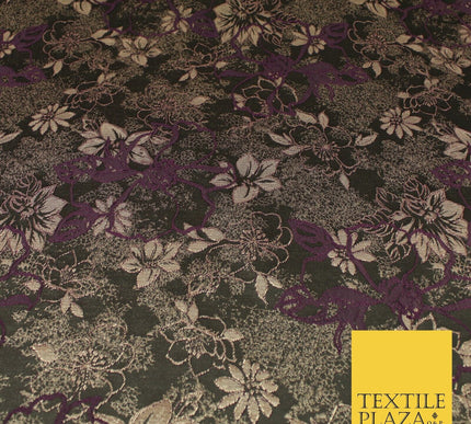 Black Plum Outline Floral Bloom Textured Brocade Jacquard Fabric 8529