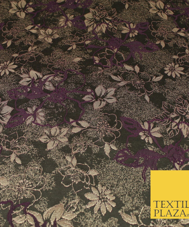 Black Plum Outline Floral Bloom Textured Brocade Jacquard Fabric 8529