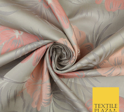 Grey Peach Coral Tropical Floral Bloom Textured Brocade Jacquard Fabric 8531