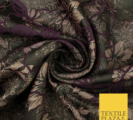 Black Plum Outline Floral Bloom Textured Brocade Jacquard Fabric 8529