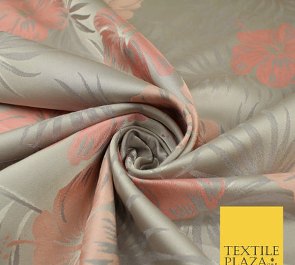 Grey Peach Coral Tropical Floral Bloom Textured Brocade Jacquard Fabric 8531