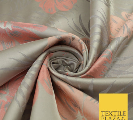 Grey Peach Coral Tropical Floral Bloom Textured Brocade Jacquard Fabric 8531