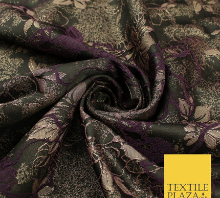 Black Plum Outline Floral Bloom Textured Brocade Jacquard Fabric 8529