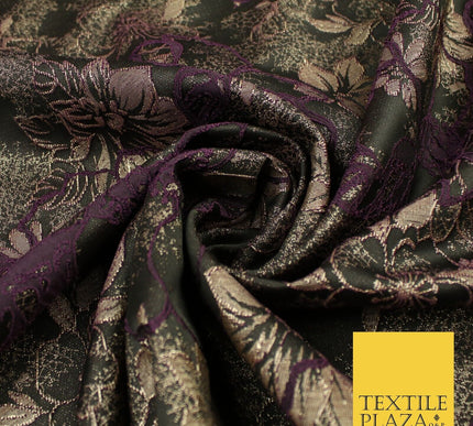 Black Plum Outline Floral Bloom Textured Brocade Jacquard Fabric 8529