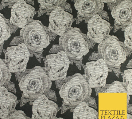 Black Grey Floral Rose Bloom Textured Brocade Jacquard Fabric 8530