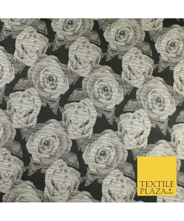 Black Grey Floral Rose Bloom Textured Brocade Jacquard Fabric 8530
