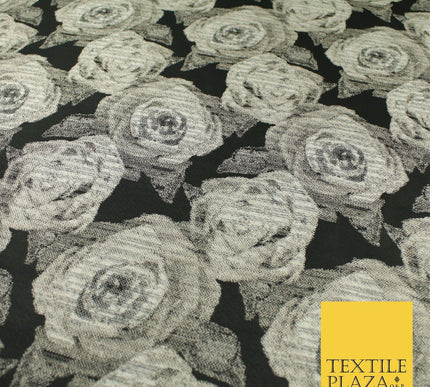 Black Grey Floral Rose Bloom Textured Brocade Jacquard Fabric 8530