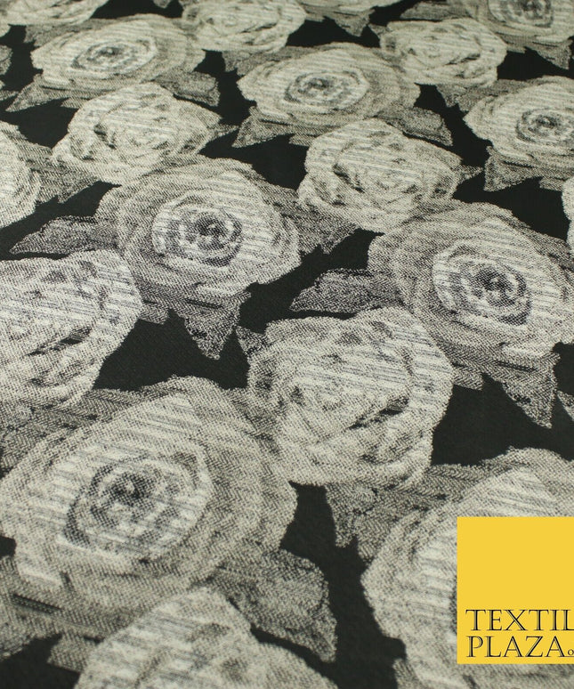 Black Grey Floral Rose Bloom Textured Brocade Jacquard Fabric 8530