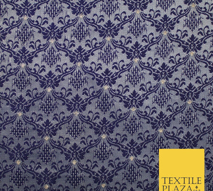 Navy Blue Intricate Damask Textured Brocade Jacquard Waistcoat Dress Fabric 8628