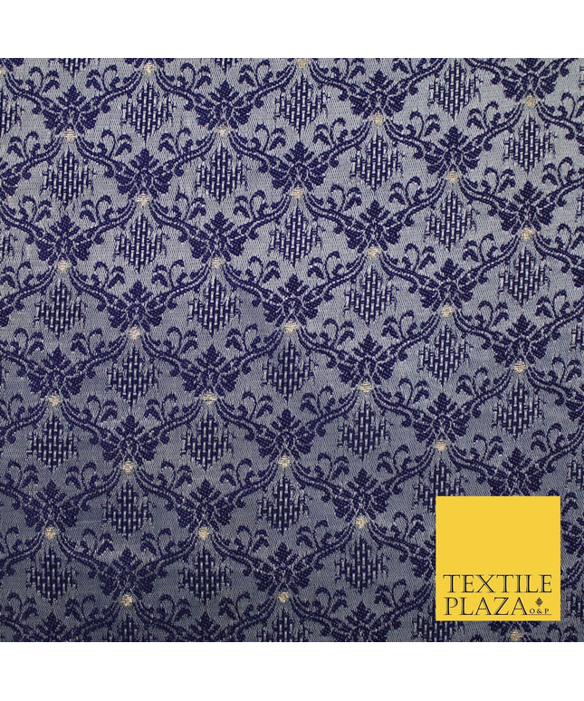 Navy Blue Intricate Damask Textured Brocade Jacquard Waistcoat Dress Fabric 8628