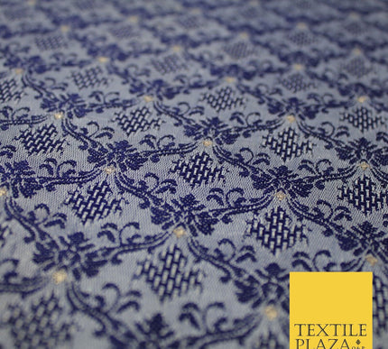 Navy Blue Intricate Damask Textured Brocade Jacquard Waistcoat Dress Fabric 8628