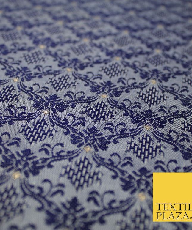 Navy Blue Intricate Damask Textured Brocade Jacquard Waistcoat Dress Fabric 8628