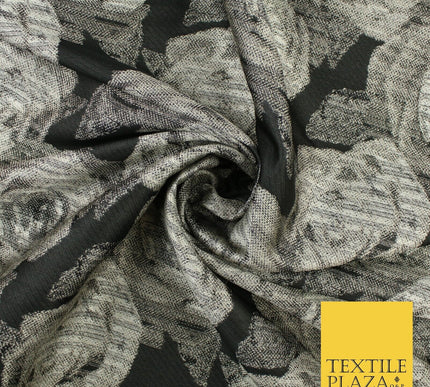Black Grey Floral Rose Bloom Textured Brocade Jacquard Fabric 8530