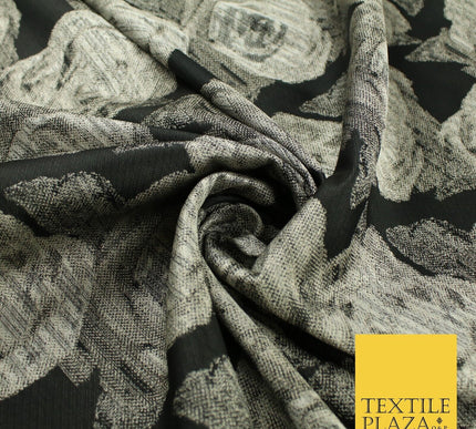 Black Grey Floral Rose Bloom Textured Brocade Jacquard Fabric 8530