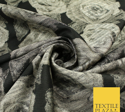 Black Grey Floral Rose Bloom Textured Brocade Jacquard Fabric 8530