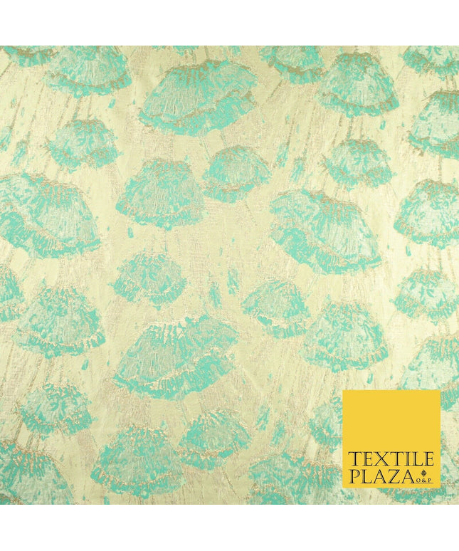Sea Green Falling Poppies Floral Textured Brocade Jacquard Fabric 8524