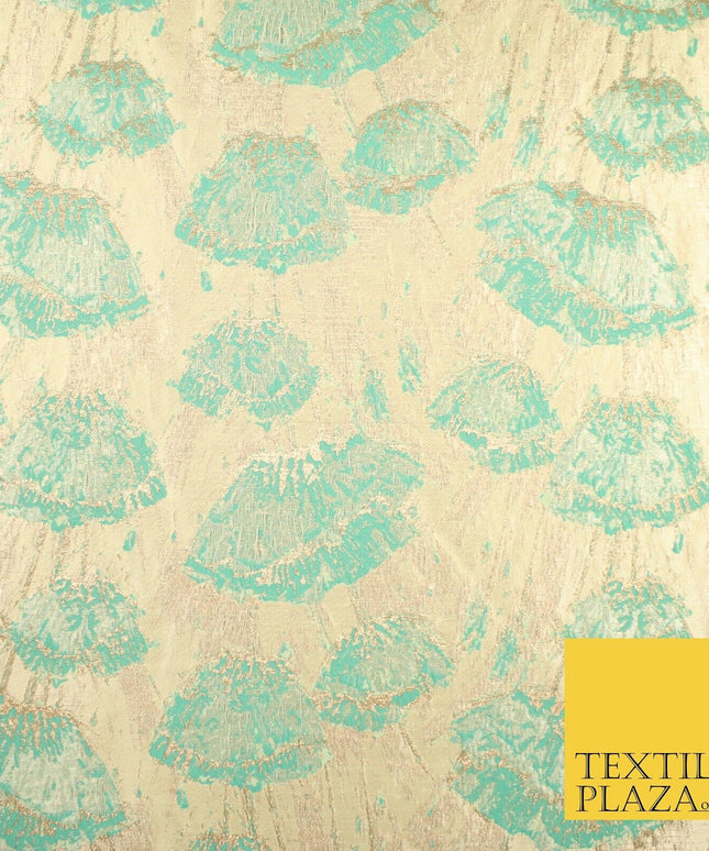 Sea Green Falling Poppies Floral Textured Brocade Jacquard Fabric 8524