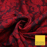 Black Red Floral Roses Cluster Bloom Textured Brocade Jacquard Fabric 8532