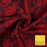 Black Red Floral Roses Cluster Bloom Textured Brocade Jacquard Fabric 8532