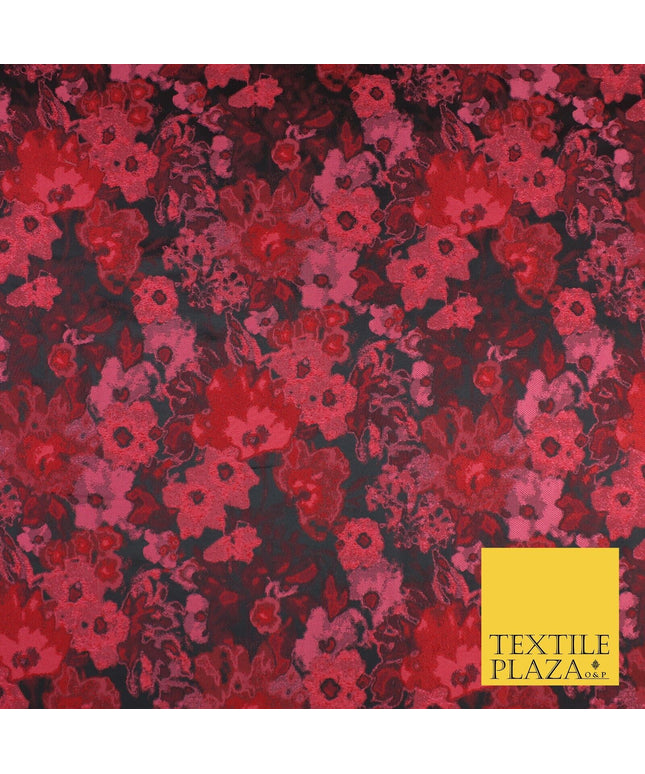 Black Red Artsy Monet Floral Brocade Jacquard Dress Fabric 8234