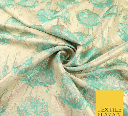 Sea Green Falling Poppies Floral Textured Brocade Jacquard Fabric 8524