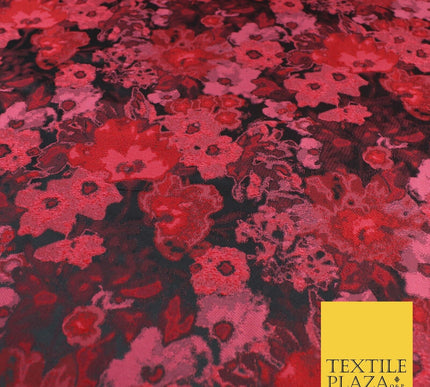Black Red Artsy Monet Floral Brocade Jacquard Dress Fabric 8234