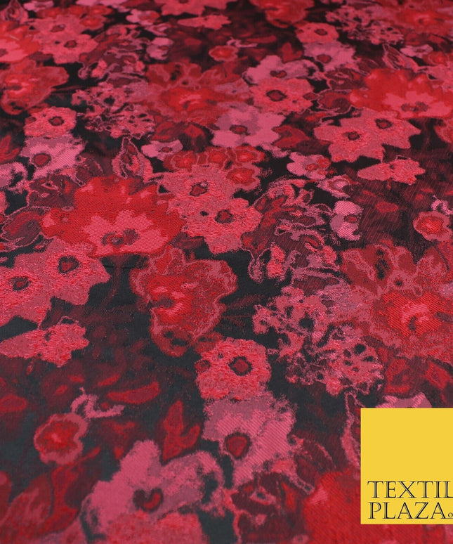 Black Red Artsy Monet Floral Brocade Jacquard Dress Fabric 8234