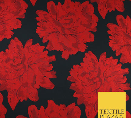 Black Red Large Floral Bloom Brocade Jacquard Dress Fabric 8235