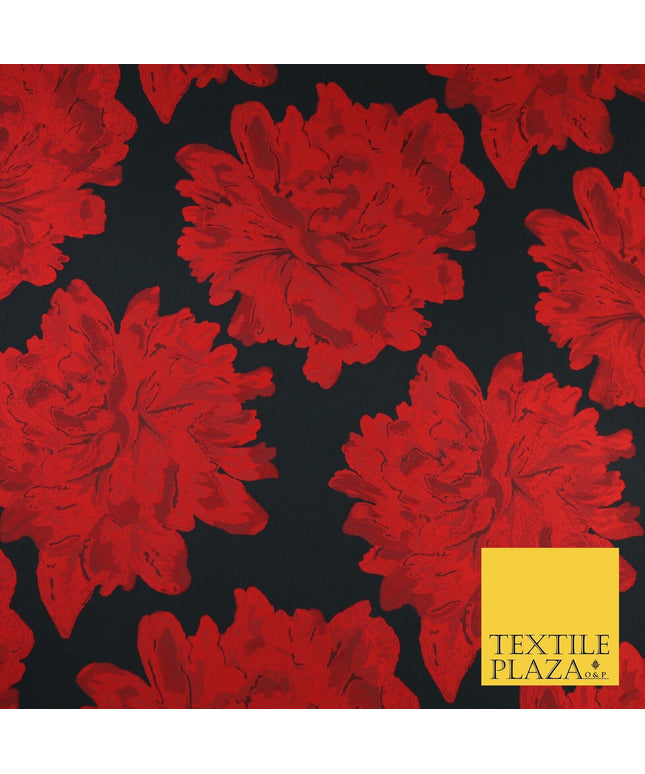 Black Red Large Floral Bloom Brocade Jacquard Dress Fabric 8235